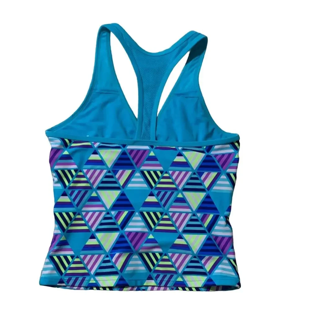 Justice Girls Swim Tank Blue and Geometric Print